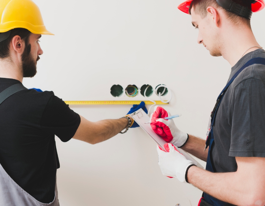 Deux électriciens prenant des mesures pour l’installation d’un circuit mural