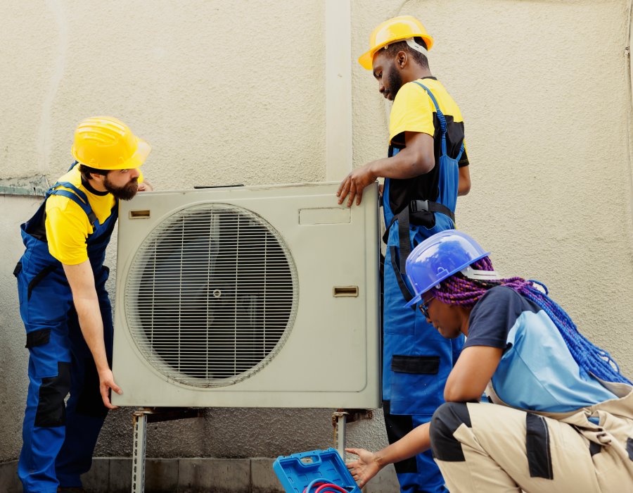 Techniciens installant une unité extérieure de climatisation