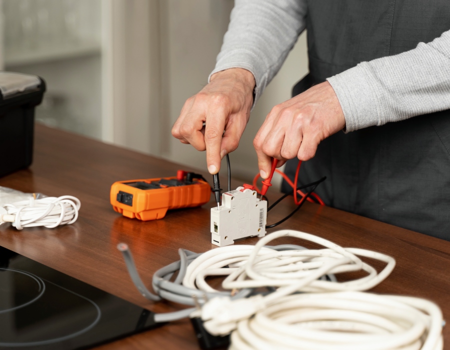 Électricien testant un disjoncteur sur un plan de travail avec multimètre